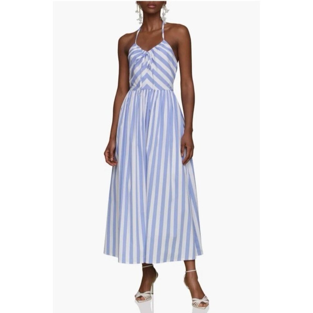 Avec Les Filles Blue White Stripe Fit & Flare Midi Dress S Small Stretch Cotton